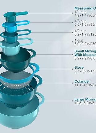 Mixing Bowls-Plastic Nesting Mixing Bowl Set of 8, Kitchen Gadgets for Apartments Space Saving, Including Measuring Cups Sifter Colander, Easy Storage Cooking Baking, Rv Camper Accessories, No BPA