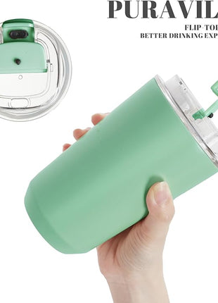 Puraville Insulated Tumblers with Lid, 14 oz Travel Coffee Mug Stainless Steel Vacuum Cup, Leak Proof Reusable Double Walled Coffee Tumbler for Iced and Hot Drinks, Green