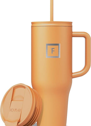 IRON °FLASK Co-Pilot Insulated Mug w/Straw & Flip Cap Lids - Cup Holder Bottle for Hot, Cold Drink - Leak-Proof- Water, Coffee Portable Travel Tumbler - Clementine, 40 Oz