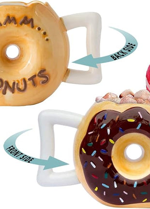 Ceramic Donut Cup – Chocolate Glaze with Sprinkles – Funny “MMM... Donuts!” Quote – Best Cup for Coffee, Tea & More – Large 14 oz – Brown