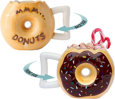 Ceramic Donut Cup – Chocolate Glaze with Sprinkles – Funny “MMM... Donuts!” Quote – Best Cup for Coffee, Tea & More – Large 14 oz – Brown