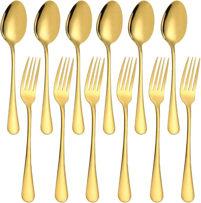 Set of 12, Gold Plated Stainless Steel Dinner Forks and Spoons, findTop Heavy-duty Forks (8 Inch) and Spoons (7 Inch) Cutlery Set- Gold