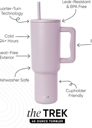 Simple Modern 40 oz Trek Tumbler with Handle and Straw Lid | Cup Holder Friendly Insulated Stainless Steel Travel Mug | Lavender Mist