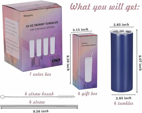 4 Pack 20 Oz Straight Skinny Tumblers,Individually Gift Boxed Stainless Steel Slim Skinny Tumbler Set Bulk, 20 Oz Insulated Slim Thin Travel Tumbler Cup for Diy, Navy