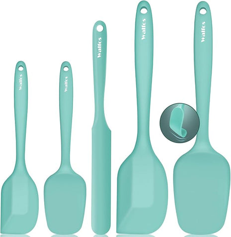 Walfos Silicone Spatula - 600°F High Heat Resistant Kitchen Spoon Spatulas（set of 5), Strong Steel Core and One-Pieces Design, For Cooking Mixing & Baking - BPA Free and Dishwasher Safe (Teal/Aqua)