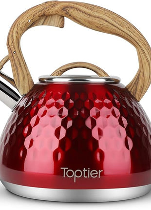 Tea Kettle, Toptier Teapot Whistling Kettle with Wood Pattern Handle Loud Whistle, Food Grade Stainless Steel Tea Pot for Stovetops Induction Diamond Design Water Kettle, 2.7-Quart Red