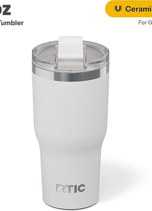 RTIC 30oz Essential Tumbler with Lid, Ceramic Lined, Insulated, Stainless Steel, Metal, Double Wall Vacuum-Insulation, Travel Cup for Iced Coffee, Tea, Hot and Cold Drink, White