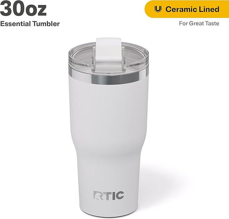 RTIC 30oz Essential Tumbler with Lid, Ceramic Lined, Insulated, Stainless Steel, Metal, Double Wall Vacuum-Insulation, Travel Cup for Iced Coffee, Tea, Hot and Cold Drink, White
