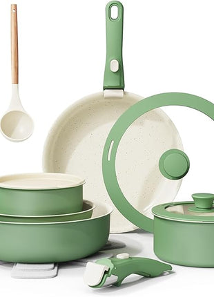 Ceramic Nonstick Cookware Set, Healthy,Non Toxic,17-Pieces Pots and Pans Set Removable Handles,Induction RV Kitchen Set,Stain & Scratch-resistant,Dishwasher/Oven Safe,PFAS/PFOA Free,Green