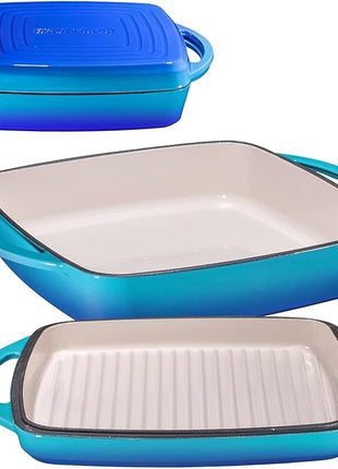Bruntmor 11" Enameled Cast Iron Cookware - 2-in-1 Square Cast Iron Baking Dish with Lid for Baking, Braising and Roasting - Durable and Nonstick Skillet Dutch Oven with Dual Handles - Caribbean Blue