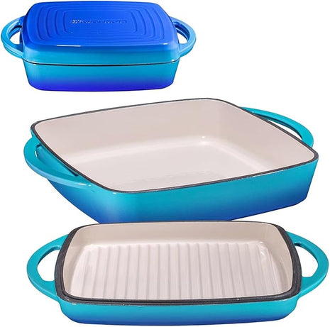 Bruntmor 11" Enameled Cast Iron Cookware - 2-in-1 Square Cast Iron Baking Dish with Lid for Baking, Braising and Roasting - Durable and Nonstick Skillet Dutch Oven with Dual Handles - Caribbean Blue
