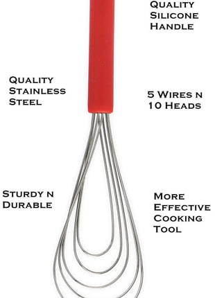 Flat Whisk Silicone Handle Non Slip 10" - 5 Wires Whisk with 10 Heads for Kitchen Cooking Color Red by Jell-Cell
