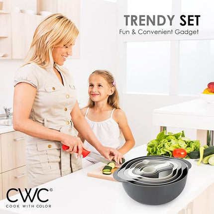 COOK WITH COLOR Nesting Bowls with Measuring Cups Colander and Sifter Set - Includes Mixing Bowls, Colander, Sifter and Measuring Cups, Gray, 8 Pc Bowl