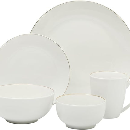 Gibson Home Ogalla 30 Piece Plates, Bowls, & Mugs Dinnerware Set - Service for 6 - White Porcelain W/Gold Band