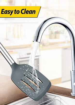 Pack of 4 Silicone Cooking Utensils Set, Non Stick Large Solid Spatulas, Heat Resistant Gray Slotted Spoons, Ideal BPA Free Kitchen Turners for Frying, Mixing,Serving,Draining,Turning,Stirring