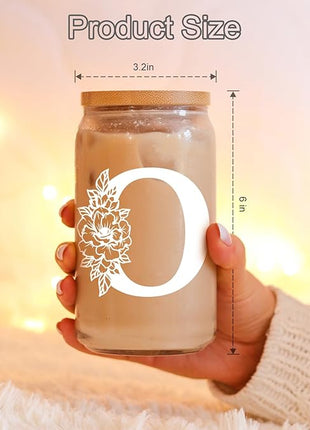 Coolife Initial Glass Cup, Monogrammed Gifts for Women, 16 oz Glass Cups w/Lids Straws, Iced Coffee Smoothie Beer Tumbler w/Straw Lid - Personalized Christmas, Birthday Gifts for Her Mom Friend Woman