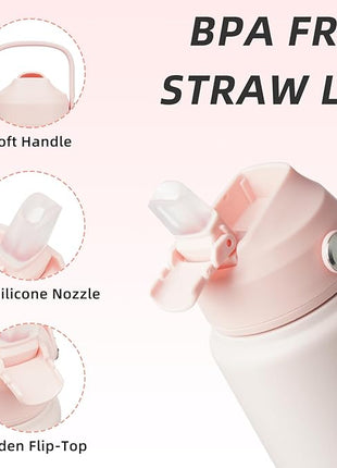 BJPKPK Water Bottle with Straw Lid, 24oz Vacuum Insulated Water Bottles, Metal Stainless Steel Thermo for Sports, Travel, BPA Free Leak Proof Thermo, Cups, Flasks, Tumblers,Pearl Pink
