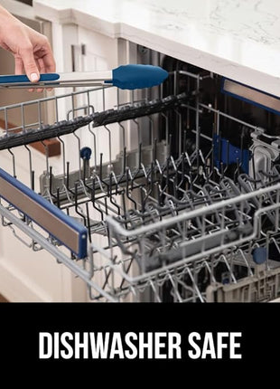 GORILLA GRIP Stainless Steel Heat Resistant Kitchen Tongs for Cooking, 9 + 12 Inch, Set of 2 BBQ Tong, Non Scratch Silicone Tip for Pan, Strong Grip, Grab Food, Toss Salad, Air Fryer, Pull Lock, Blue