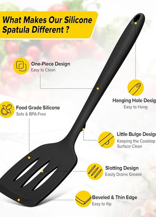 Pack of 2 Silicone Spatula Turners, Non Stick Slotted Kitchen Spatula Set, Heat Resistant BPA Free Kitchen Utensils, One-Piece Design, Suitable for Flipping Fish, Eggs, Steak, Pancakes(BLACK)