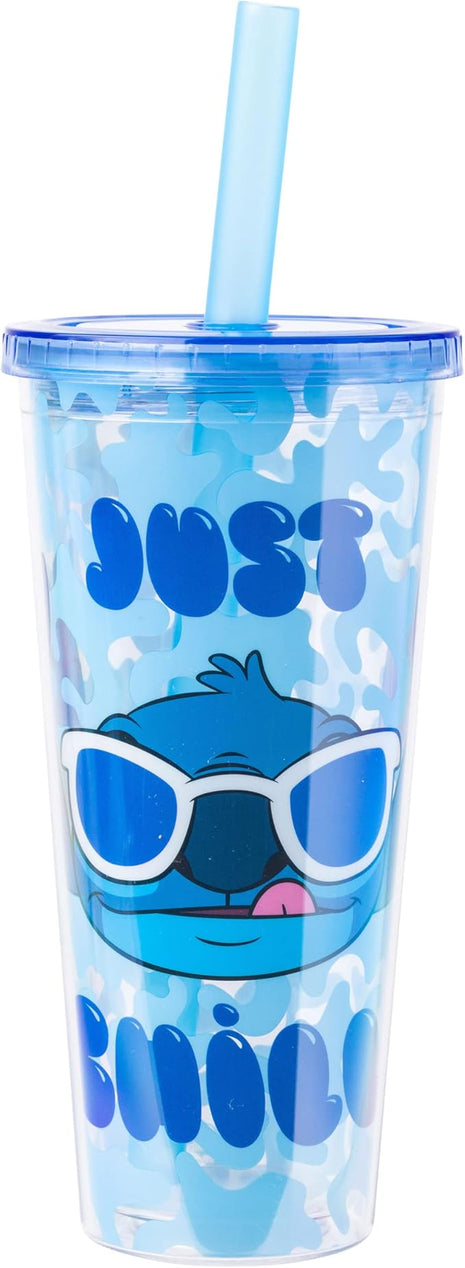 Silver Buffalo Disney Lilo and Stitch Cool Sunglasses Just Chill Plastic Boba Tumbler with Lid and Straw, 24 Ounces
