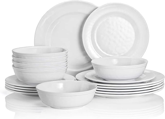 TP 18-Piece Dinnerware Set, Melamine Dishes Set with Bowls and Plates, Service for 6, Non-breakable Lightweight Dining Tableware, White