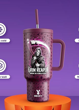 Meoky 40 oz Halloween Tumbler with Handle and Straw, Tumbler with Lid and Straw, Insulated Stainless Steel Travel Mug, 100% Leak-proof, Keeps Cold for 34 Hours or Hot for 10 Hours (Red Skull)