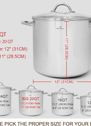 HOMICHEF Commercial Grade LARGE STOCK POT 20 Quart With Lid - Nickel Free Stainless Steel Cookware - Healthy Polished Stockpots - Heavy Duty Induction Soup Pot