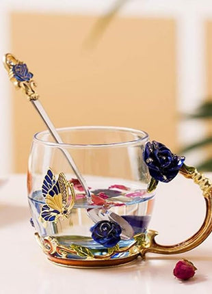 Handicraft Crystal Glass 3D Flower Cups Tea Mug With Tea Spoon Women Coffee, Tea, Juice, Beer, Milk Hot And Cold Drinks Use Gift Package. (Rose Blue Coffee Cup, 11 OZ)