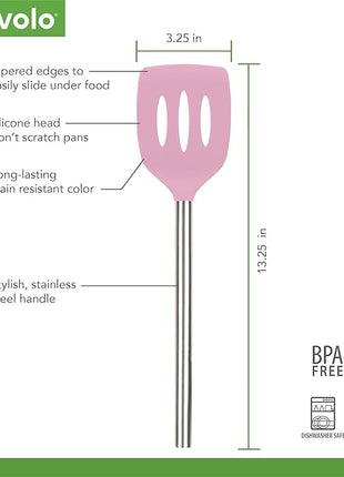 Tovolo Slotted Silicone Spatula Turner Slotted Stainless Steel Handle 10" Pink Sorbet Heat Resistant Non Toxic BPA Free Kitchen Utensil, Silicone Egg Pancake Flipper Metal Handle Turner for Cooking