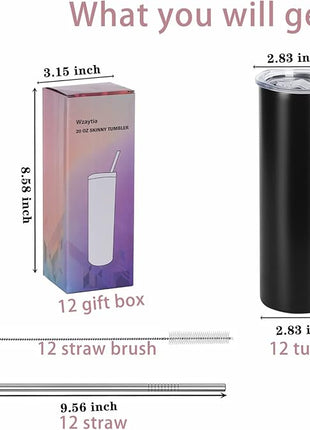 12 Pack 20 Oz Straight Skinny Tumblers,Individually Gift Boxed Stainless Steel Slim Skinny Tumbler Set Bulk, 20 Oz Insulated Slim Thin Travel Tumbler Cup for Diy, Black