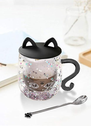 Gifts for Women Cat Gifts Double Walled Glass Coffee Latte Cup Cute Stuff Black Cat Mug Gifts for Her Christmas Stocking Fillers,Birthday,Valentines,Halloween Presents for Women,Men,Kid,Mum,Teacher