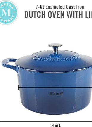 MARTHA STEWART Gatwick 7-Quart Enamel Cast Iron Dutch Oven Pot with Lid – Classic Blue – Durable Heavy-Duty Dutch Oven for Slow Cooking, Braising & Baking