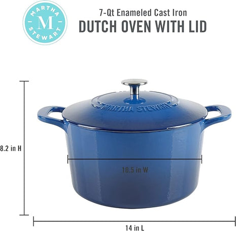MARTHA STEWART Gatwick 7-Quart Enamel Cast Iron Dutch Oven Pot with Lid – Classic Blue – Durable Heavy-Duty Dutch Oven for Slow Cooking, Braising & Baking