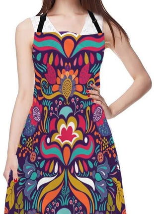 EKOBLA Vintage Flower Aprons Decorative Paisley Colorful Floral Pattern Bright Ornament Waterproof Resistant Chef Cooking Kitchen BBQ Adjustable Aprons for Women Men 27x31 Inch