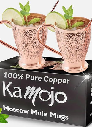 Copper Cups Set of 2 with Unique Handcrafted Embossed Design with Anti-Tarnish Food-Grade Coating - Moscow Mule Copper Mugs Gift Set with 2 Straws & Recipe E-Book, 16 oz