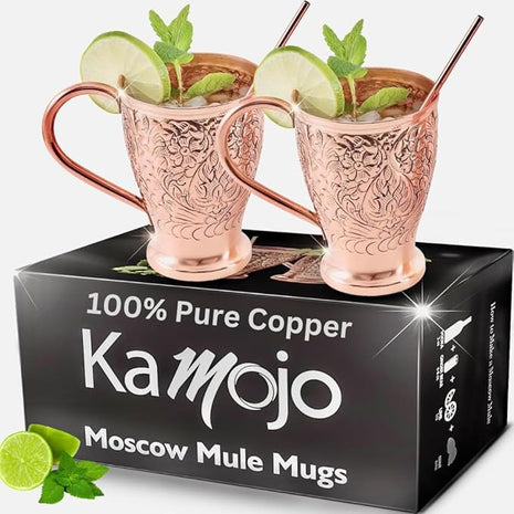Copper Cups Set of 2 with Unique Handcrafted Embossed Design with Anti-Tarnish Food-Grade Coating - Moscow Mule Copper Mugs Gift Set with 2 Straws & Recipe E-Book, 16 oz