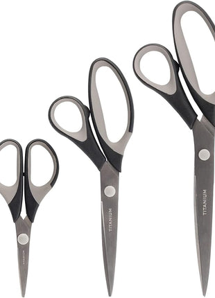 BambooMN Titanium Softgrip Scissors Set for Sewing, Arts, Crafts, Office - 10 Sets of 3 - Black w/Grey Inlays