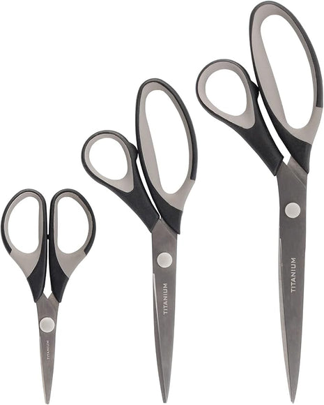 BambooMN Titanium Softgrip Scissors Set for Sewing, Arts, Crafts, Office - 3 Sets of 3 - Black w/Grey Inlays
