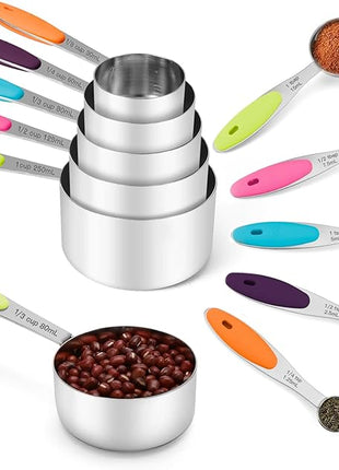Joyhill Stainless Steel Measuring Cups and Spoons Set of 10 Piece, Nesting Metal Measuring Cups Set with Soft Touch Silicone Handles for Dry and Liquid Ingredients, Cooking & Baking (Colorful)