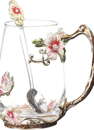 Handicraft Crystal Glass 3D Flower Cups Tea Mug With Tea Spoon Women Coffee, Tea, Juice, Beer, Milk Hot And Cold Drinks Use Gift Package. (Red-Tal)