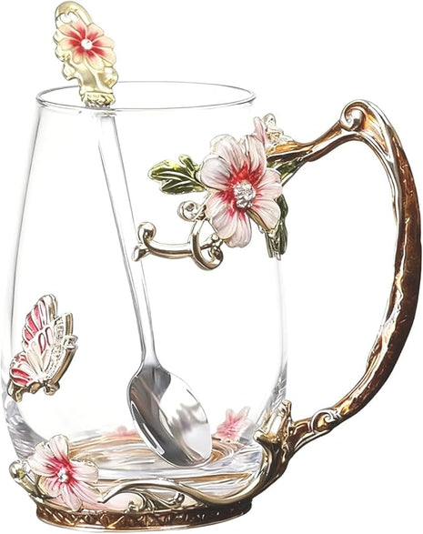 Handicraft Crystal Glass 3D Flower Cups Tea Mug With Tea Spoon Women Coffee, Tea, Juice, Beer, Milk Hot And Cold Drinks Use Gift Package. (Red-Tal)