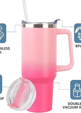 SYACOT 40 oz Tumbler with Handle and Straw Stainless Steel Insulated Tumbler Leak Proof Lid and Straw Lid Reusable Travel Mug Coffee Mug Cup Dishwasher Safe Keep Drinks Cold and Hot (Phantom Pink)