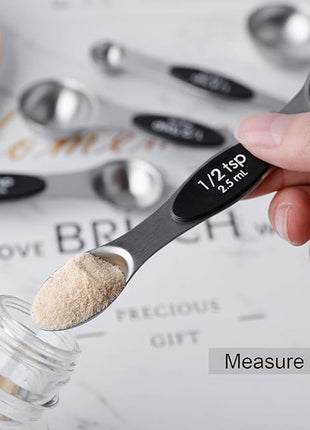 Magnetic Measuring Spoons Set of 8 Stainless Steel Stackable Dual Sided Nesting Teaspoons and Tablespoons for Measuring Dry and Liquid Ingredients