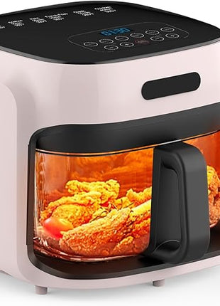 Glass Air Fryer, 7.6QT with Transparent Fry Bowl, Circulating Heating, Temperature Control, Air Fryer Roast, Dishwasher Safe (Pink)