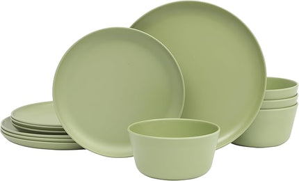 Gibson Home Fairhope 12-Piece Matte Green Melamine Dinnerware Set – Durable Lightweight Plates and Bowls, Kitchen Dining Set