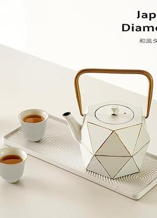 Toptier Cast Iron Teapot, Stovetop Safe Japanese Cast Iron Tea Kettle, Diamond Design Tea Pot with Removable Infuser for Loose Tea, 30 Ounce (900 ml), White