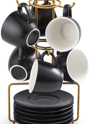YHOSSEUN 3 Ounces Espresso Cups with Saucers Set, Porcelain Latte Cups and Metal Stand Demitasse Cups for Espresso, Latte, Cafe Mocha, Cappuccino and Tea, Set of 6, Black