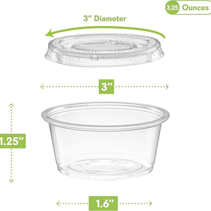 (3.25 oz - 100 Sets) Clear Diposable Plastic Portion Cups With Lids, Small Mini Containers For Portion Controll, Jello Shots, Meal Prep, Sauce Cups, Slime, Condiments, Medicine, Dressings,