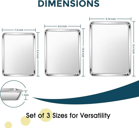 E-far Stainless Steel Baking Sheet Set of 3, 12.4”/10.5” /9.4” Cookie Sheet for Oven, Rimmed Metal Tray for Cooking Baking Bacon, Non-toxic & Dishwasher Safe