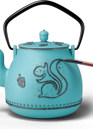 Toptier Teapot with Removable Infuser, Cast Iron Tea Kettle Stovetop Safe, Squirrel Design Tea Pot Coated with Enameled Interior for 32 Ounce (950 ml), Blue